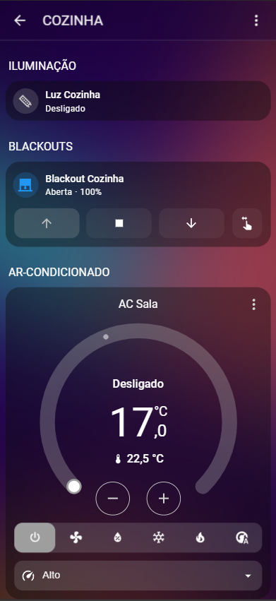 Controlo da cozinha, blackout e ar condicionado Tech@Home em smartphone