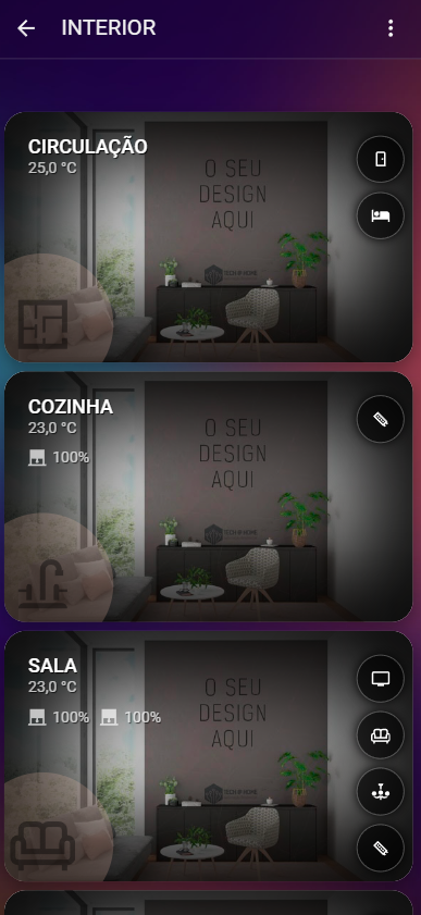 Controlo por divisões Tech@Home em smartphone